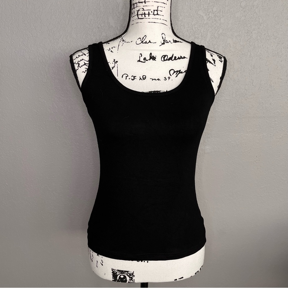 Lulus Basics Tank Top Black Ribbed Knit Sleeveless Rayon Scoop Neck